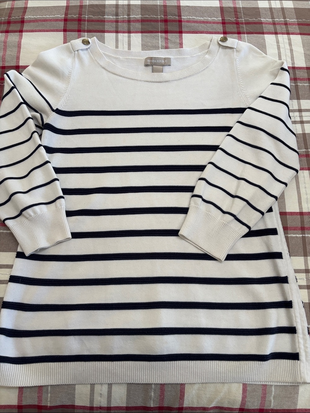 Banana Republic White and Navy Striped Boatneck Sweater with Shoulder Buttons